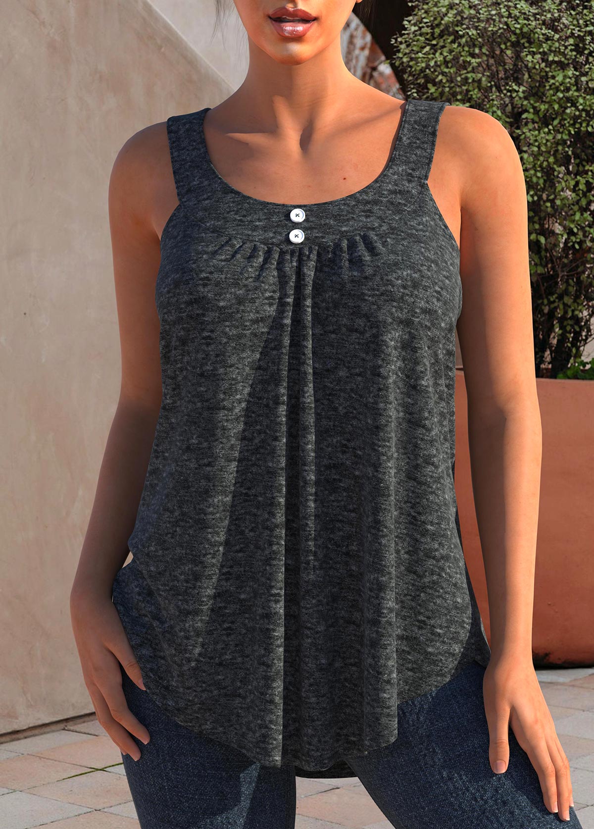 Dark Grey tops,Plain Color tops,ROTITA Decorative Button Dark Grey Wide Strap Tank Top