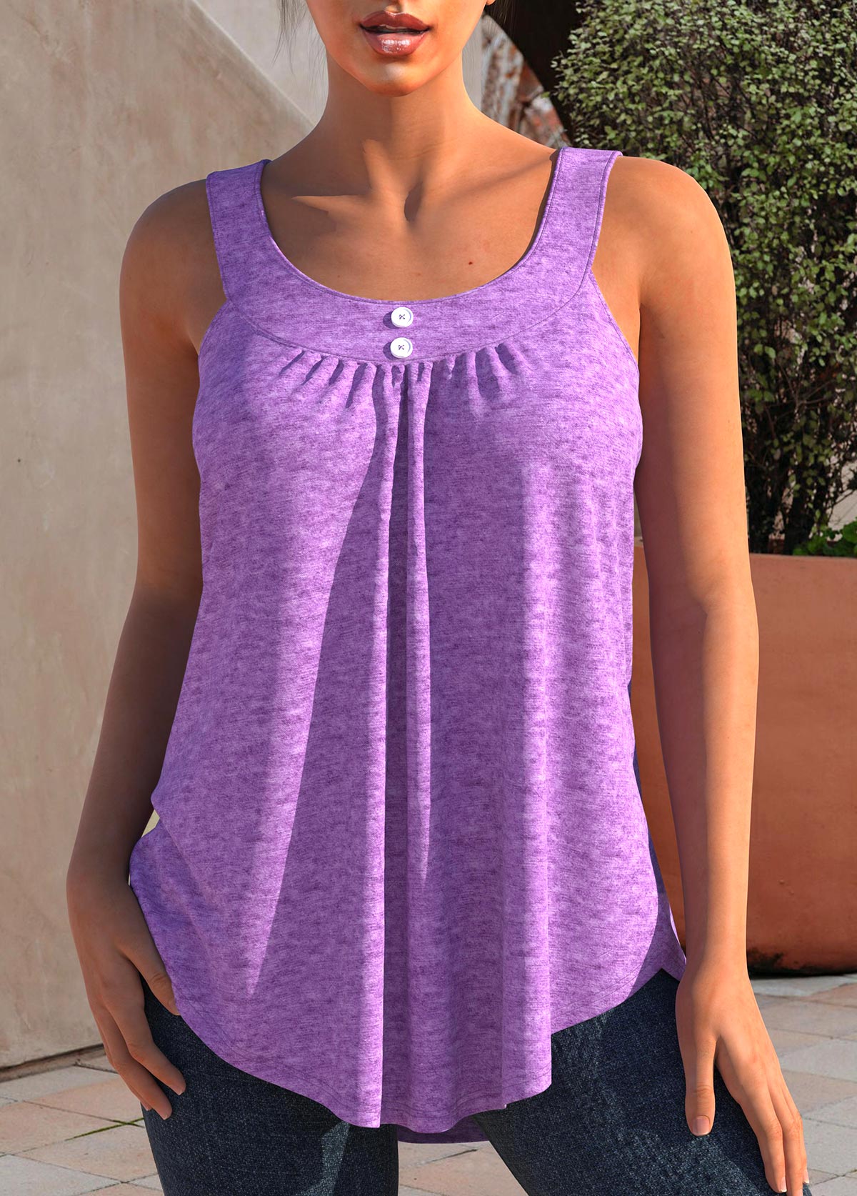 Light Purple tops,Plain Color tops,ROTITA Wide Strap Light Purple Decorative Button Tank Top