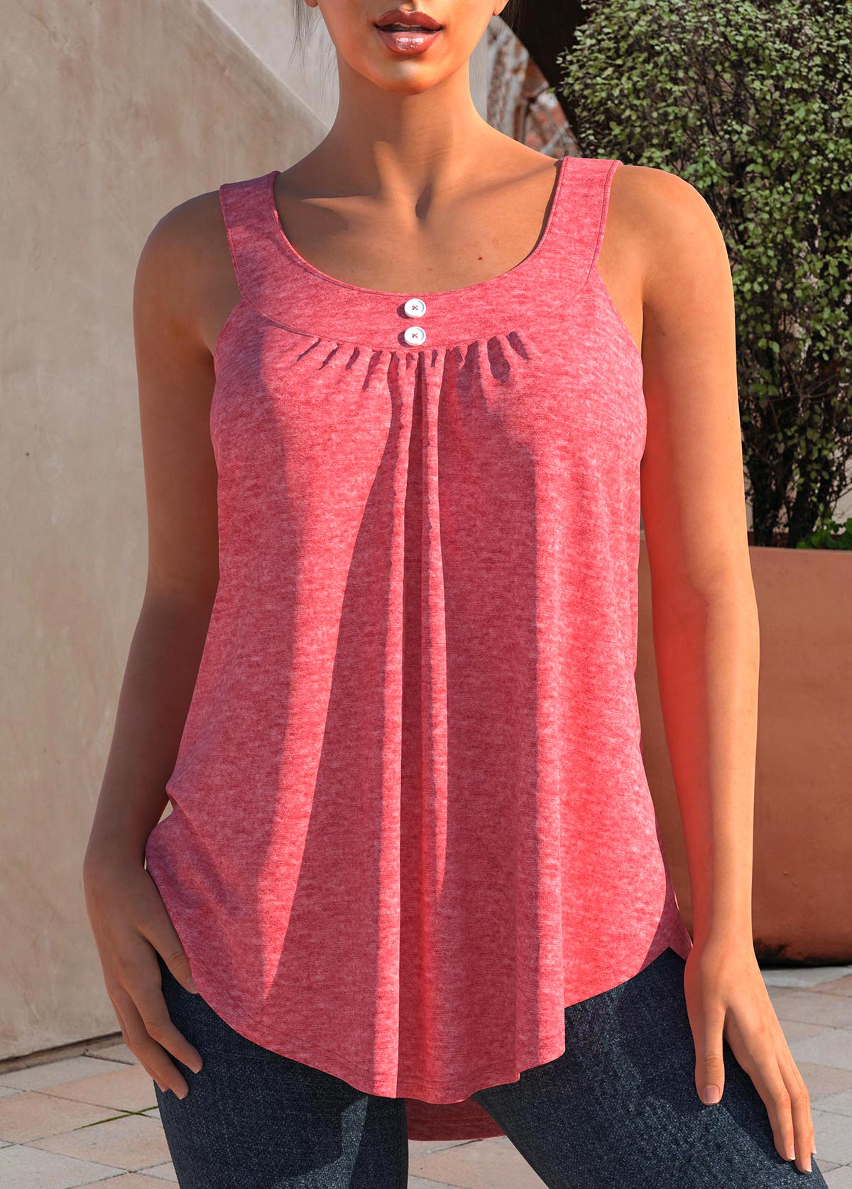 ROTITA Decorative Button Wide Strap Pink Tank Top