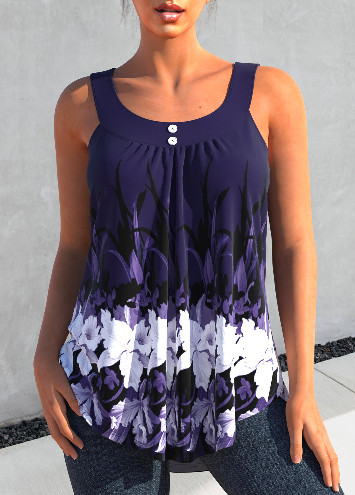 Floral tops,ROTITA Floral Print Deep Purple Round Neck Tank Top