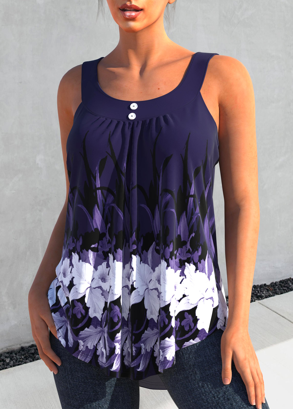Floral tops,ROTITA Floral Print Deep Purple Round Neck Tank Top