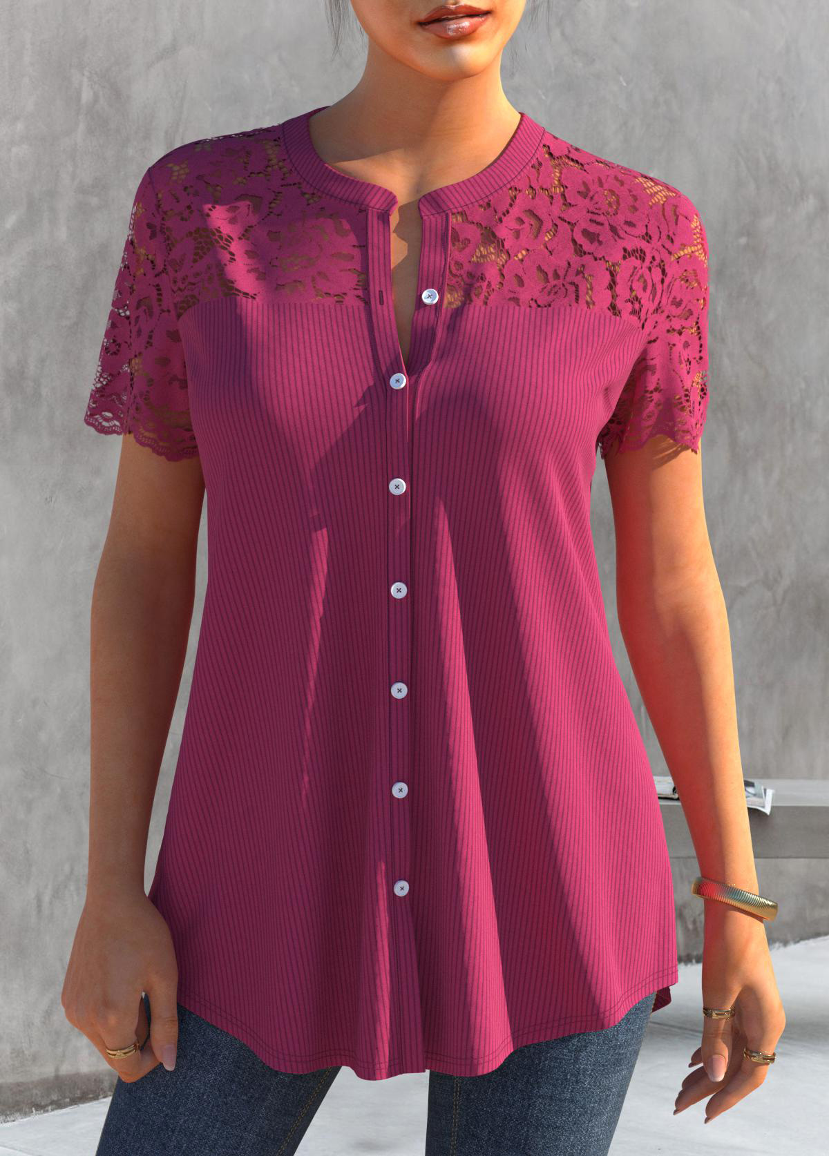 Hot Pink tops,Plain Color tops,ROTITA Lace Patchwork Rose Red Short Sleeve Blouse