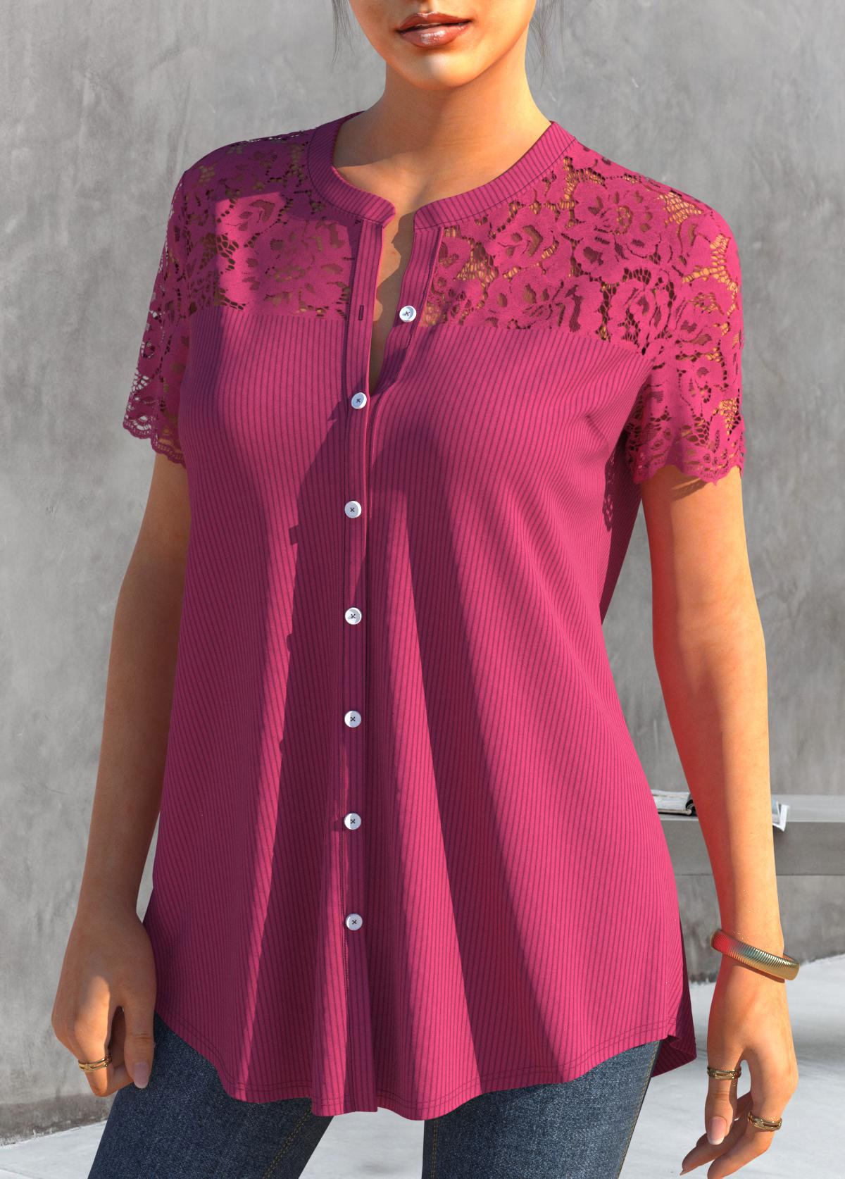 Hot Pink tops,Plain Color tops,ROTITA Lace Patchwork Rose Red Short Sleeve Blouse