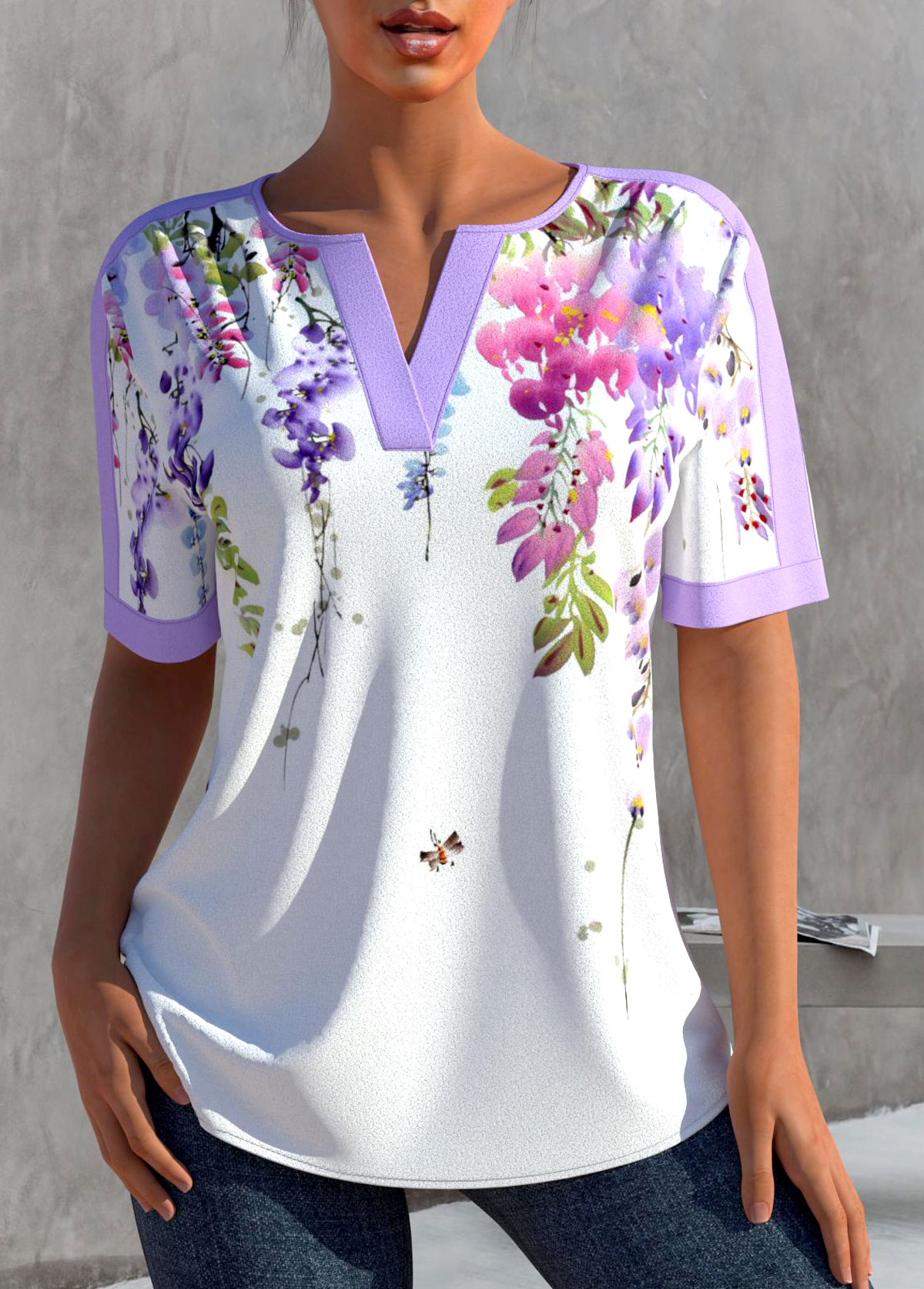 White tops,Floral tops,ROTITA Floral Print White Split Neck Blouse