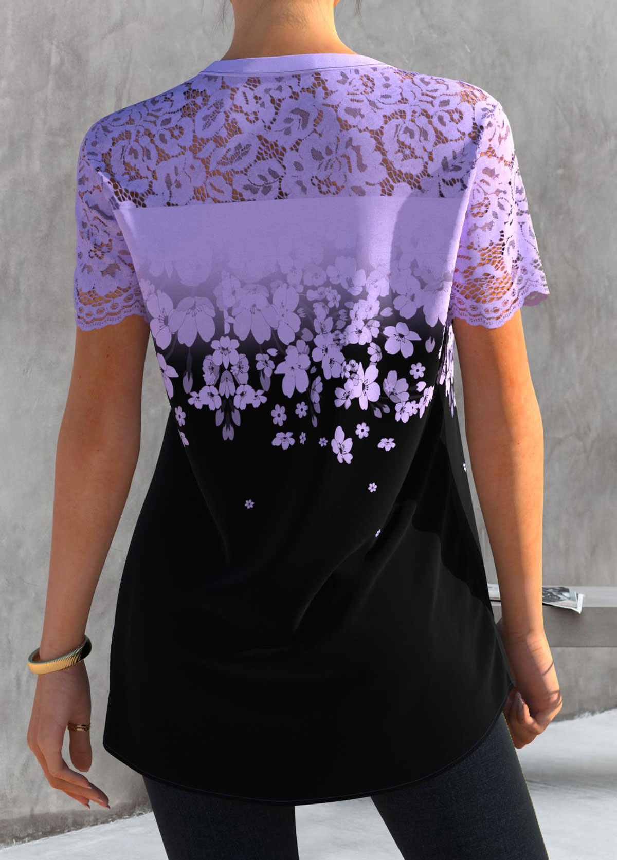 Light Purple tops,Floral tops,ROTITA Floral Print Light Purple Lace Patchwork Blouse