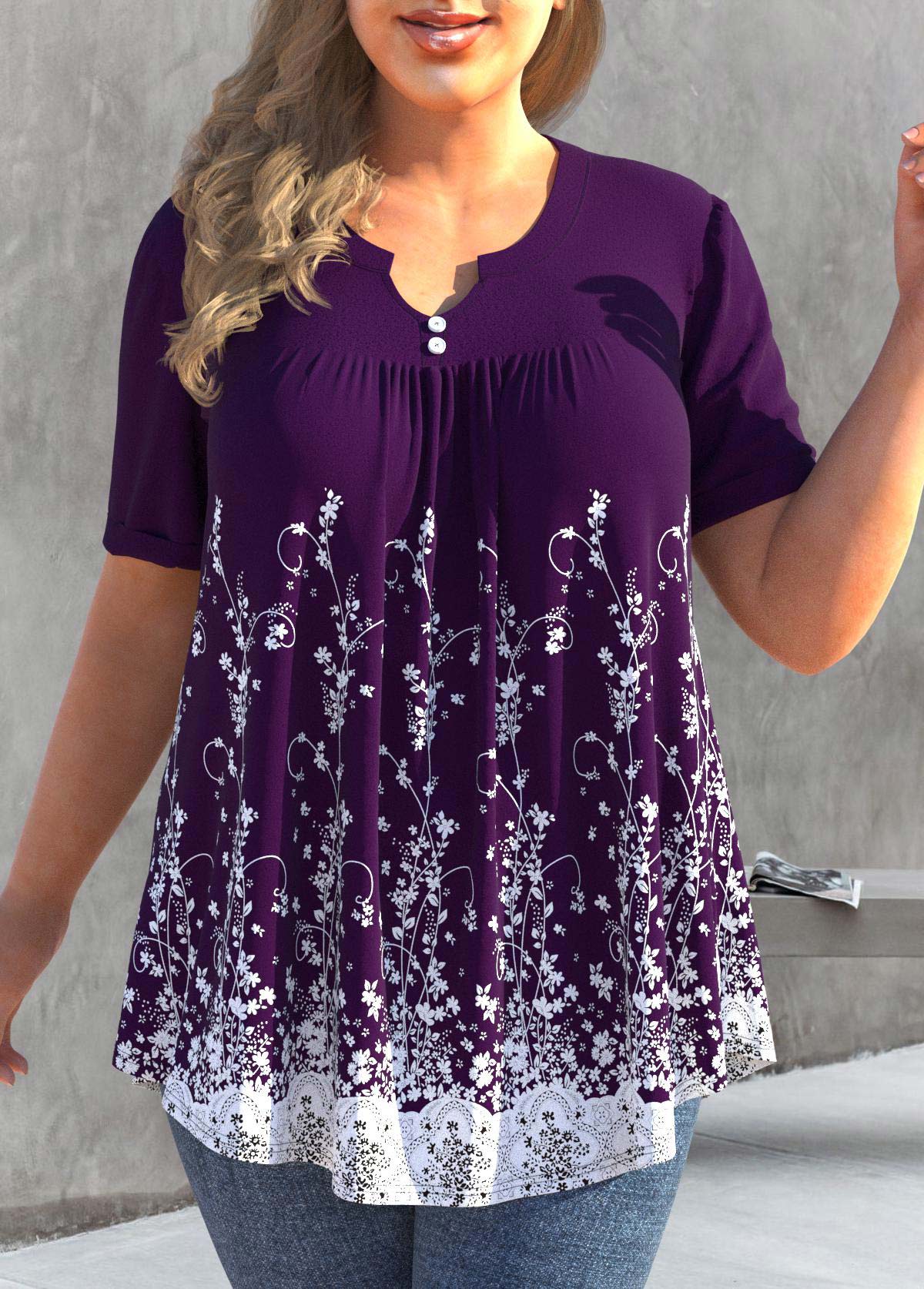 ROTITA Plus Size Deep Purple Floral Print T Shirt
