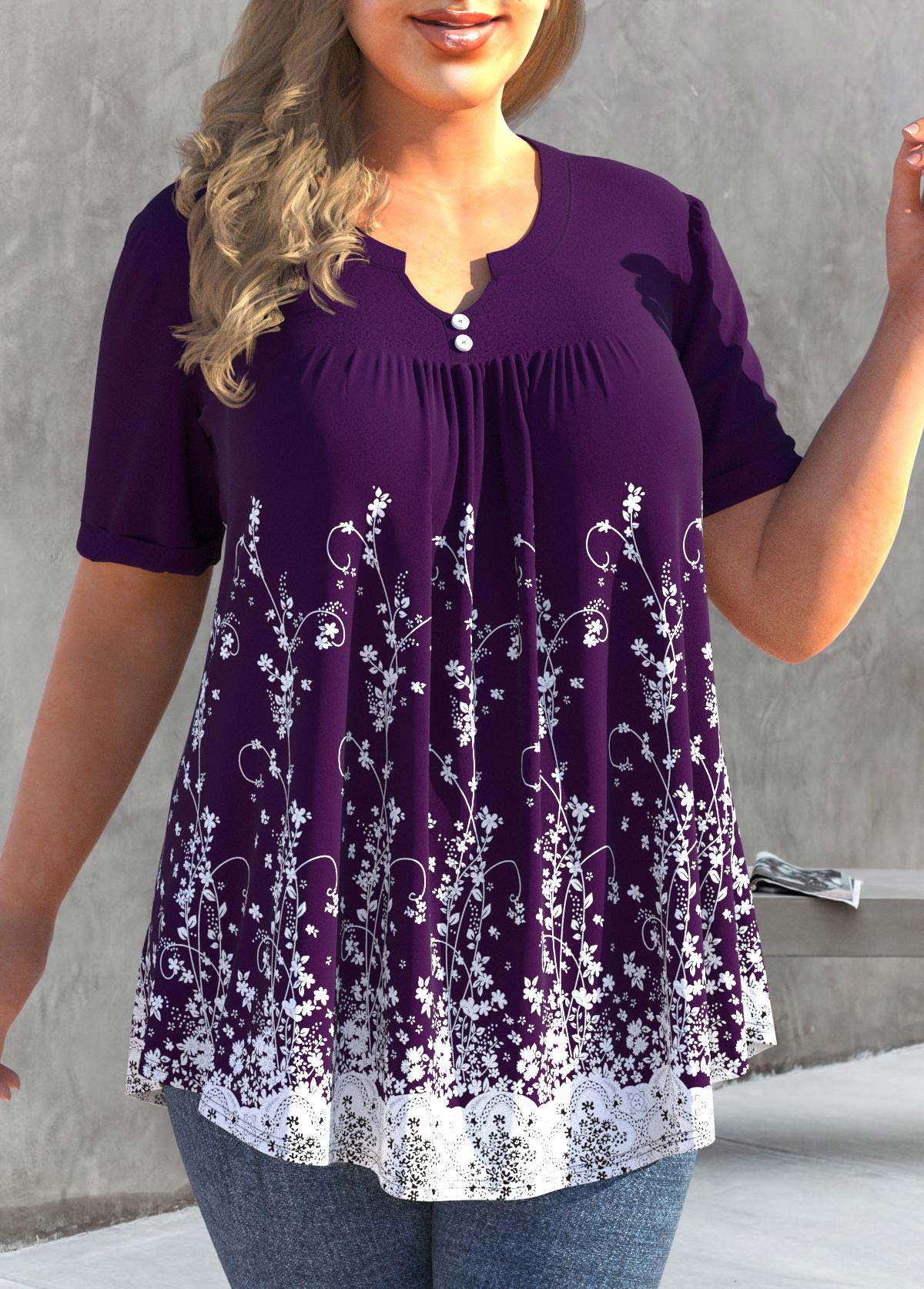 ROTITA Plus Size Deep Purple Floral Print T Shirt | Rotita.com - USD $31.77