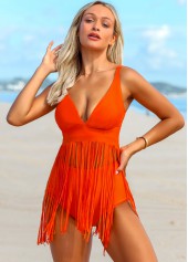 Orange swimwear,Plain Color swimwear,ROTITA Spaghetti Strap Tassel Solid Swimdress and Panty