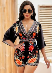 Black jumpsuits&rompers,Floral jumpsuits&rompers,Floral Print Tie Back V Neck Romper