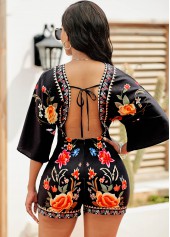 Black jumpsuits&rompers,Floral jumpsuits&rompers,Floral Print Tie Back V Neck Romper