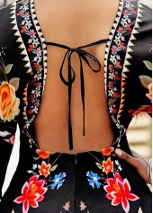 Black jumpsuits&rompers,Floral jumpsuits&rompers,Floral Print Tie Back V Neck Romper