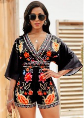 Black jumpsuits&rompers,Floral jumpsuits&rompers,Floral Print Tie Back V Neck Romper