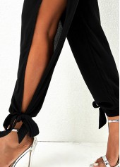 Black bottoms,Plain Color bottoms,Side Slit Black Drawstring Waist Pants