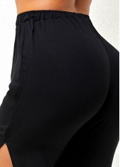 Black bottoms,Plain Color bottoms,Side Slit Black Drawstring Waist Pants