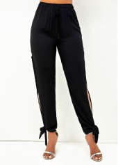 Black bottoms,Plain Color bottoms,Side Slit Black Drawstring Waist Pants