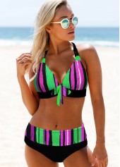 ROTITA Rainbow Stripe Mid Waist Halter Bikini Set 
