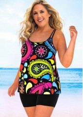 Multi Color plus size,Paisley plus size,ROTITA Paisley Print Plus Size Double Straps Tankini Set 