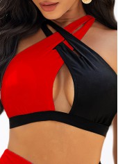 Red swimwear,Contrast Color swimwear,ROTITA Cross Strap Contrast High Waist Bikini Set