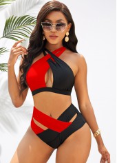 Red swimwear,Contrast Color swimwear,ROTITA Cross Strap Contrast High Waist Bikini Set