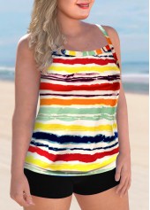 Multi Color plus size,Striped plus size,ROTITA Plus Size Rainbow Stripe Cross Strap Tankini Set