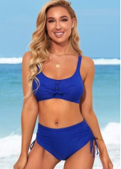 Royal Blue swimwear,Plain Color swimwear,ROTITA Blue Tie Side Shirred Royal Waist Bikini Set