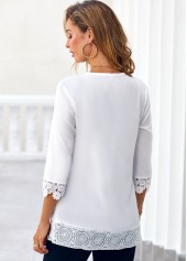 White tops,Plain Color tops,ROTITA Crinkle Chest Lace Trim Split Neck White Blouse