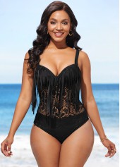Black swimwear,Plain Color swimwear,ROTITA Black Tassel Lace Patchwork One Piece Swimwear
