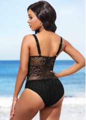 Black swimwear,Plain Color swimwear,ROTITA Black Tassel Lace Patchwork One Piece Swimwear