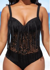 Black swimwear,Plain Color swimwear,ROTITA Black Tassel Lace Patchwork One Piece Swimwear