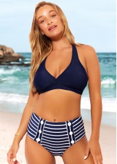 Striped swimwear,ROTITA Nautical Striped Halter Navy Blue Bikini Set