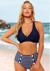 Striped swimwear,ROTITA Nautical Striped Halter Navy Blue Bikini Set