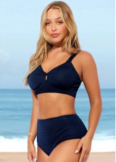 Plain Color swimwear,ROTITA Navy Blue High Waisted Wide Strap Bikini Set