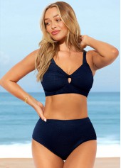 Plain Color swimwear,ROTITA Navy Blue High Waisted Wide Strap Bikini Set