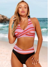 Rotita Neckholder-Bikini-Set mit Stammesmuster und hoher Taille in Orange
