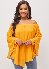 Ginger tops,Plain Color tops,ROTITA Off Shoulder Asymmetric Hem Layered Ginger Blouse