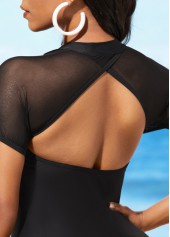 Black swimwear,Plain Color swimwear,ROTITA Mesh Stitching Black Cutout One Piece Swimwear