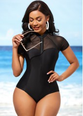 Black swimwear,Plain Color swimwear,ROTITA Mesh Stitching Black Cutout One Piece Swimwear