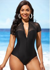 ROTITA Mesh Stitching Black Cutout One Piece Swimwear