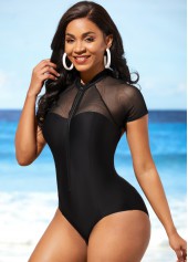 Black swimwear,Plain Color swimwear,ROTITA Mesh Stitching Black Cutout One Piece Swimwear