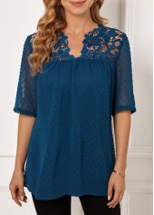 ROTITA Navy Blue Lace Stitching Split Neck Blouse
