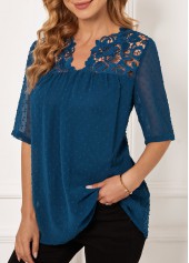 Peacock Blue tops,Plain Color tops,ROTITA Navy Blue Lace Stitching Split Neck Blouse