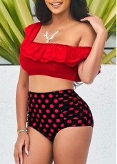 Red swimwear,Dot swimwear,ROTITA Polka Dot High Waist Flounce Smocked Red Bikini Set