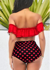 Red swimwear,Dot swimwear,ROTITA Polka Dot High Waist Flounce Smocked Red Bikini Set
