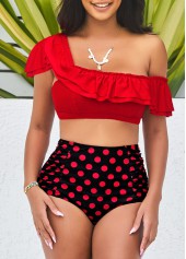 Rotita gepunktetes gesmoktes rotes Bikini-Set mit Volant und hoher Taille