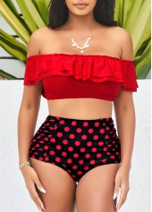 Red swimwear,Dot swimwear,ROTITA Polka Dot High Waist Flounce Smocked Red Bikini Set