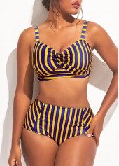 Multi Color swimwear,Striped swimwear,ROTITA High Waist Striped Cross Front Cutout Bikini Set