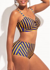 Multi Color swimwear,Striped swimwear,ROTITA High Waist Striped Cross Front Cutout Bikini Set