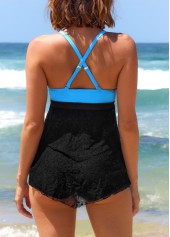 ROTITA Ring Decoration Contrast Black Lace Stitching Tankini Top-No Bottom