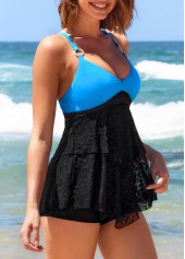 ROTITA Ring Decoration Contrast Black Lace Stitching Tankini Top-No Bottom