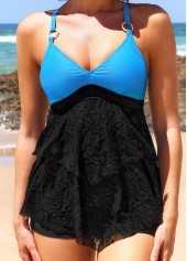 ROTITA Ring Decoration Contrast Black Lace Stitching Tankini Top-No Bottom